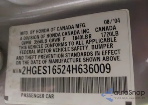 2004 Honda Civic Lx z USA, uszkodzony, nr VIN 2HGES16524H636009